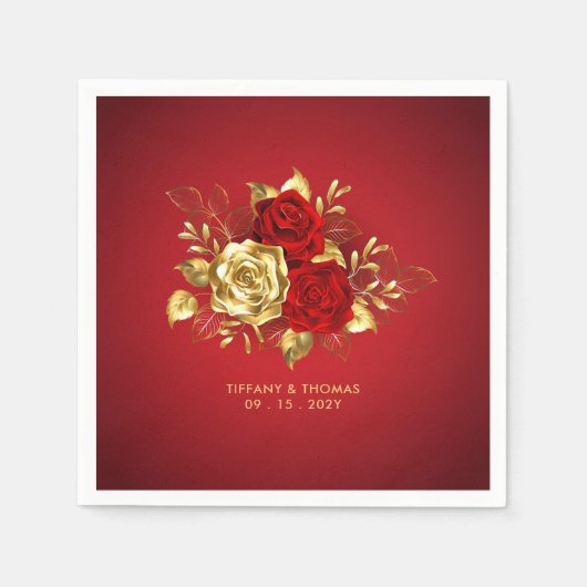 Serviette En Papier Élégant Rose Rouge Et Mariage À Thème Or (Devant)