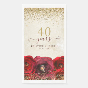 Serviette En Papier Élégant Rose Rouge Floral Or 40e Anniversaire