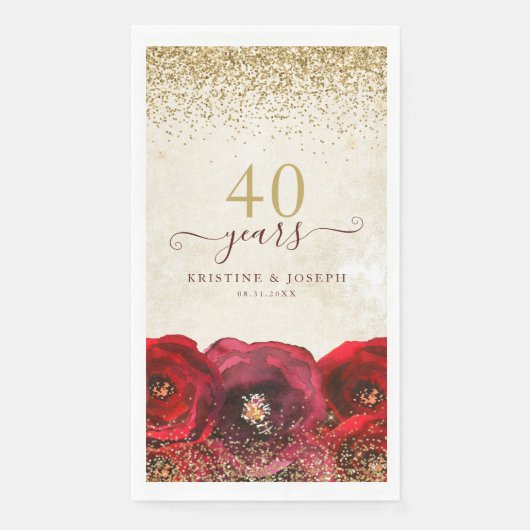Serviette En Papier Élégant Rose Rouge Floral Or 40e Anniversaire (Devant)