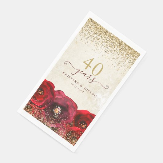 Serviette En Papier Élégant Rose Rouge Floral Or 40e Anniversaire (Coin)