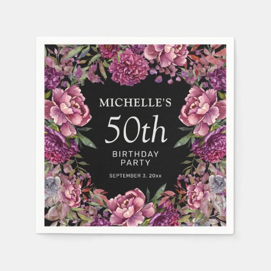 Serviette En Papier Élégant rose violet rose floral noir 50e anniversa (Devant)