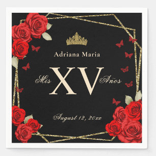 Serviette En Papier Élégant Roses Rouges Or Noir Quinceanera