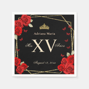 Serviette En Papier Élégant Roses Rouges Or Noir Quinceanera