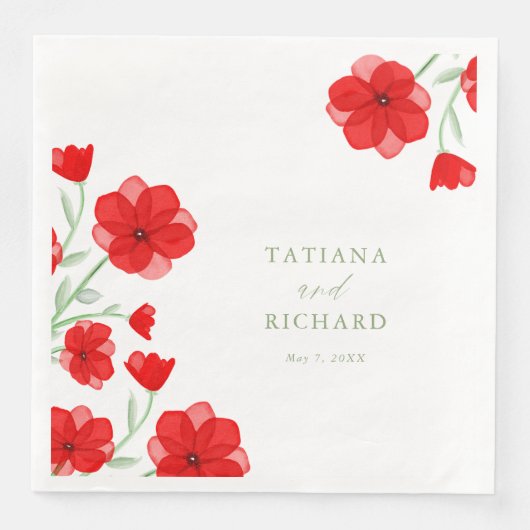 Serviette En Papier Elégant rouge Aquarelle Poppy Floral Mariage (Devant)