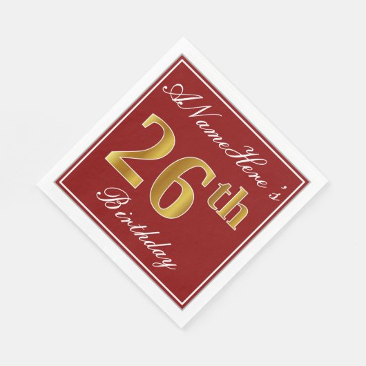 Serviette En Papier Elégant Rouge, Faux Gold 26ème Anniversaire + Nom (Coin)
