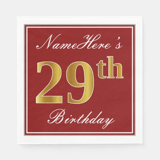 Serviette En Papier Elégant Rouge, Faux Gold 29ème Anniversaire + Nom (Devant)