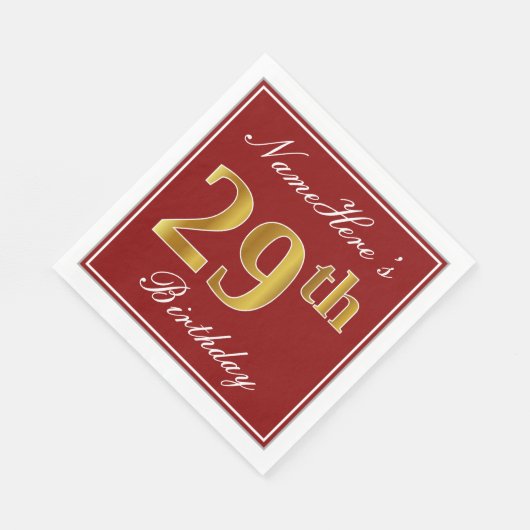 Serviette En Papier Elégant Rouge, Faux Gold 29ème Anniversaire + Nom  (Coin)