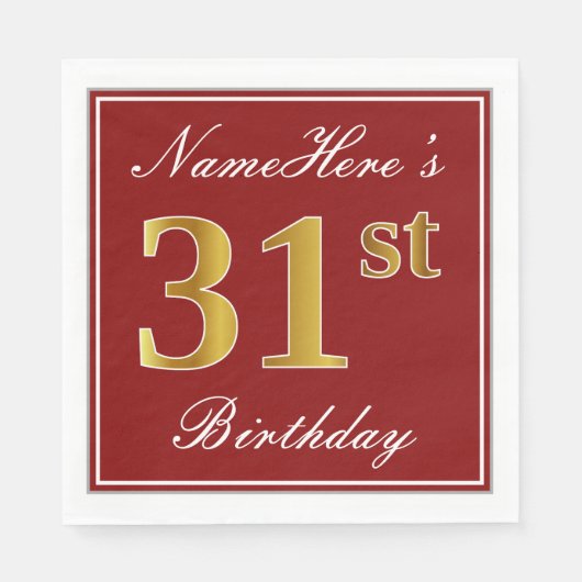 Serviette En Papier Elégant Rouge, Faux Gold 31ème Anniversaire + Nom (Devant)