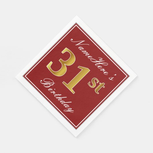 Serviette En Papier Elégant Rouge, Faux Gold 31ème Anniversaire + Nom (Coin)