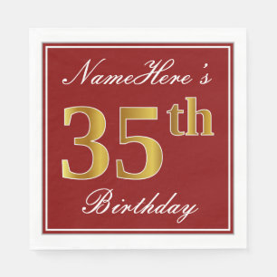 Serviette En Papier Elégant Rouge, Faux Gold 35ème Anniversaire + Nom 