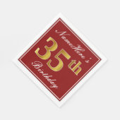 Serviette En Papier Elégant Rouge, Faux Gold 35ème Anniversaire + Nom (Coin)