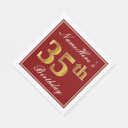 Serviette En Papier Elégant Rouge, Faux Gold 35ème Anniversaire + Nom (Coin)