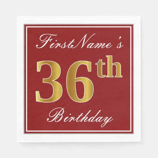 Serviette En Papier Elégant Rouge, Faux Gold 36ème Anniversaire + Nom (Devant)