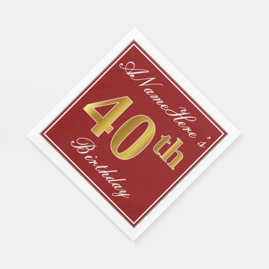 Serviette En Papier Elégant Rouge, Faux Gold 40e Anniversaire + Nom pe (Coin)