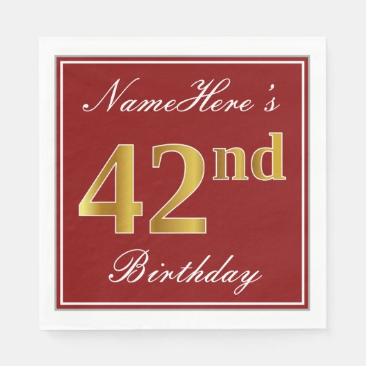 Serviette En Papier Elégant Rouge, Faux Gold 42ème Anniversaire + Nom  (Devant)