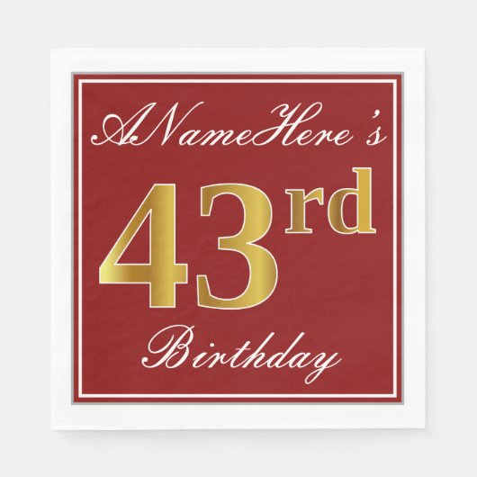 Serviette En Papier Elégant Rouge, Faux Gold 43ème Anniversaire + Nom (Devant)