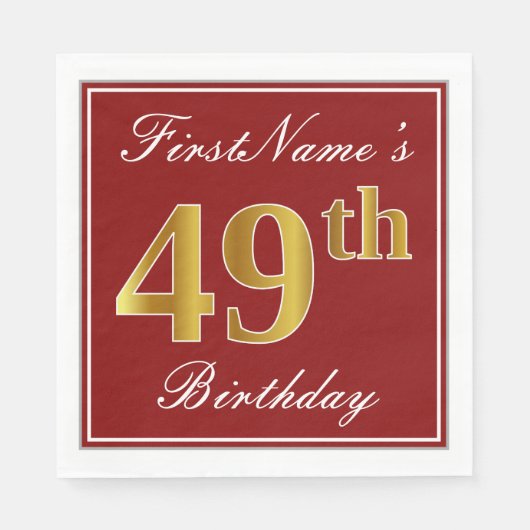 Serviette En Papier Elégant Rouge, Faux Gold 49e Anniversaire + Nom pe (Devant)
