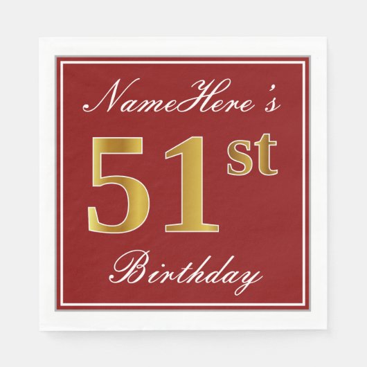 Serviette En Papier Elégant Rouge, Faux Gold 51ème Anniversaire + Nom  (Devant)