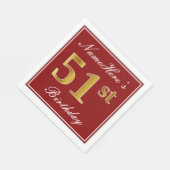 Serviette En Papier Elégant Rouge, Faux Gold 51ème Anniversaire + Nom  (Coin)