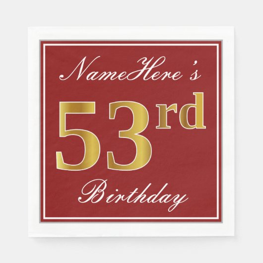 Serviette En Papier Elégant Rouge, Faux Gold 53ème Anniversaire + Nom  (Devant)