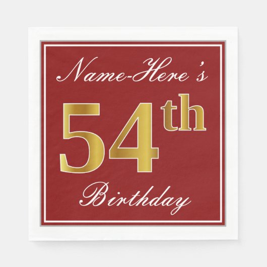 Serviette En Papier Elégant Rouge, Faux Gold 54ème Anniversaire + Nom (Devant)