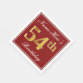 Serviette En Papier Elégant Rouge, Faux Gold 54ème Anniversaire + Nom (Coin)