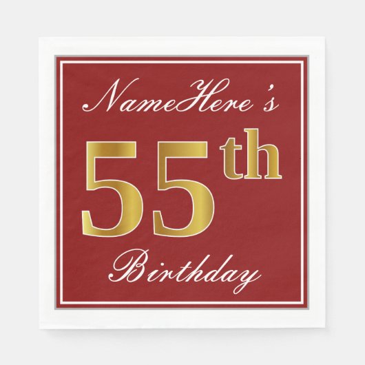 Serviette En Papier Elégant Rouge, Faux Gold 55e anniversaire + Nom pe (Devant)