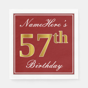 Serviette En Papier Elégant Rouge, Faux Gold 57ème Anniversaire + Nom 