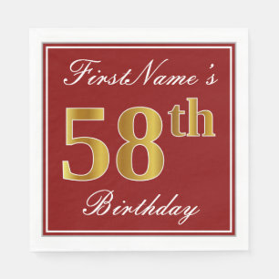 Serviette En Papier Elégant Rouge, Faux Gold 58ème Anniversaire + Nom