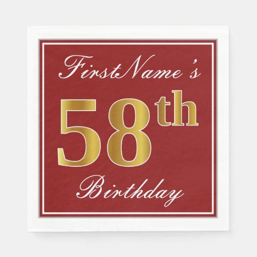 Serviette En Papier Elégant Rouge, Faux Gold 58ème Anniversaire + Nom  (Devant)