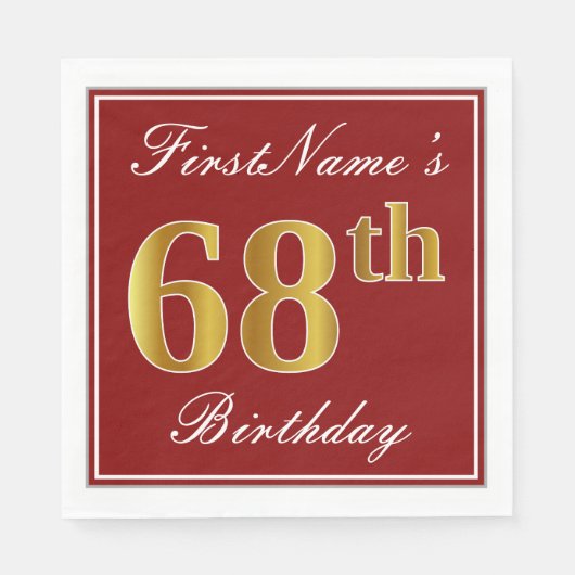 Serviette En Papier Elégant Rouge, Faux Gold 68e anniversaire + Nom pe (Devant)