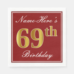 Serviette En Papier Elégant Rouge, Faux Gold 69e Anniversaire + Nom pe