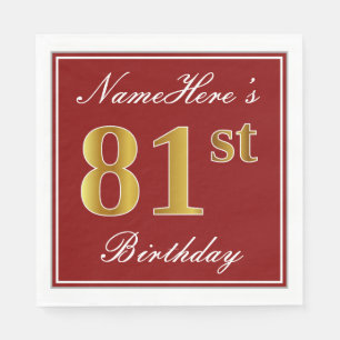 Serviette En Papier Elégant Rouge, Faux Gold 81ème Anniversaire + Nom