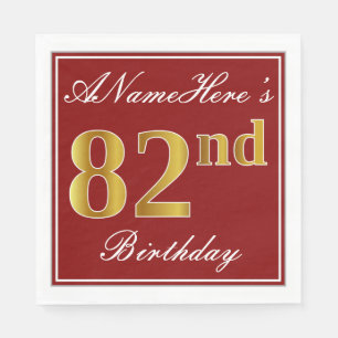 Serviette En Papier Elégant Rouge, Faux Gold 82ème Anniversaire + Nom 