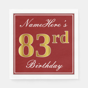 Serviette En Papier Elégant Rouge, Faux Gold 83ème Anniversaire + Nom 