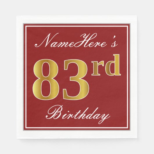 Serviette En Papier Elégant Rouge, Faux Gold 83ème Anniversaire + Nom (Devant)