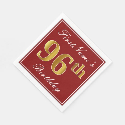 Serviette En Papier Elégant Rouge, Faux Gold 96e Anniversaire + Nom pe (Coin)