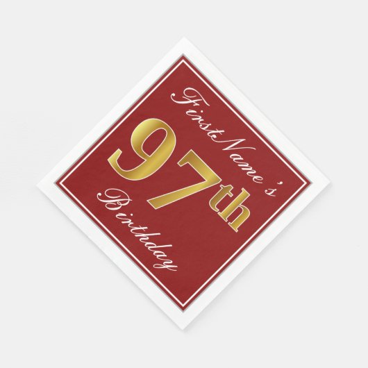 Serviette En Papier Elégant Rouge, Faux Gold 97ème Anniversaire + Nom (Coin)