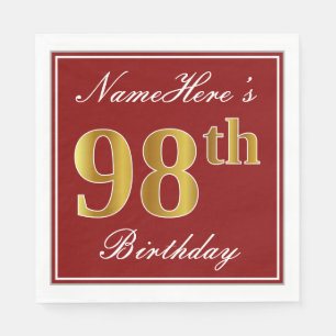 Serviette En Papier Elégant Rouge, Faux Gold 98ème Anniversaire + Nom