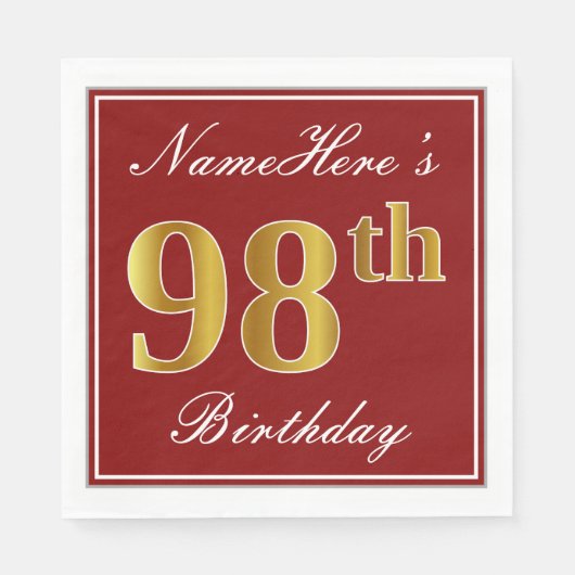 Serviette En Papier Elégant Rouge, Faux Gold 98ème Anniversaire + Nom (Devant)