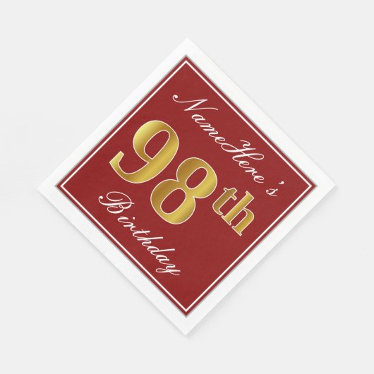Serviette En Papier Elégant Rouge, Faux Gold 98ème Anniversaire + Nom  (Coin)