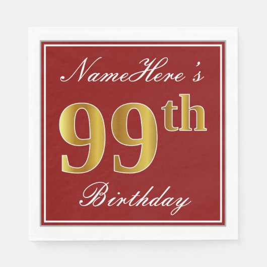 Serviette En Papier Elégant Rouge, Faux Gold 99e anniversaire + Nom pe (Devant)