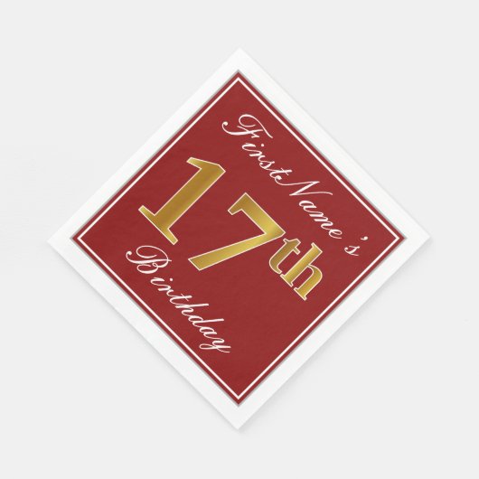 Serviette En Papier Elégant Rouge, Faux Or 17ème Anniversaire + Nom pe (Coin)