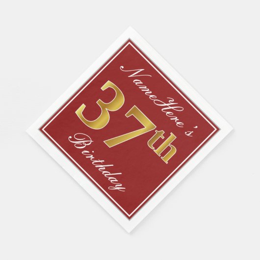 Serviette En Papier Elégant Rouge, Faux Or 37ème Anniversaire + Nom pe (Coin)