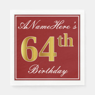 Serviette En Papier Elégant Rouge, Faux Or 64ème Anniversaire + Nom pe