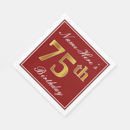 Serviette En Papier Elégant Rouge, Faux Or 75ème Anniversaire + Nom pe (Coin)