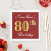 Serviette En Papier Elégant Rouge, Faux Or 80ème Anniversaire + Nom pe (En situation)