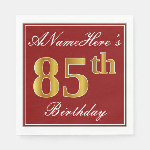 Serviette En Papier Elégant Rouge, Faux Or 85ème Anniversaire + Nom pe