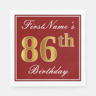 Serviette En Papier Elégant Rouge, Faux Or 86ème Anniversaire + Nom pe