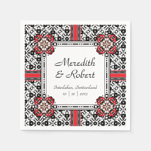 Serviette En Papier Elégant Rouge, Noir, Blanc Folk Mariage damassé (Devant)